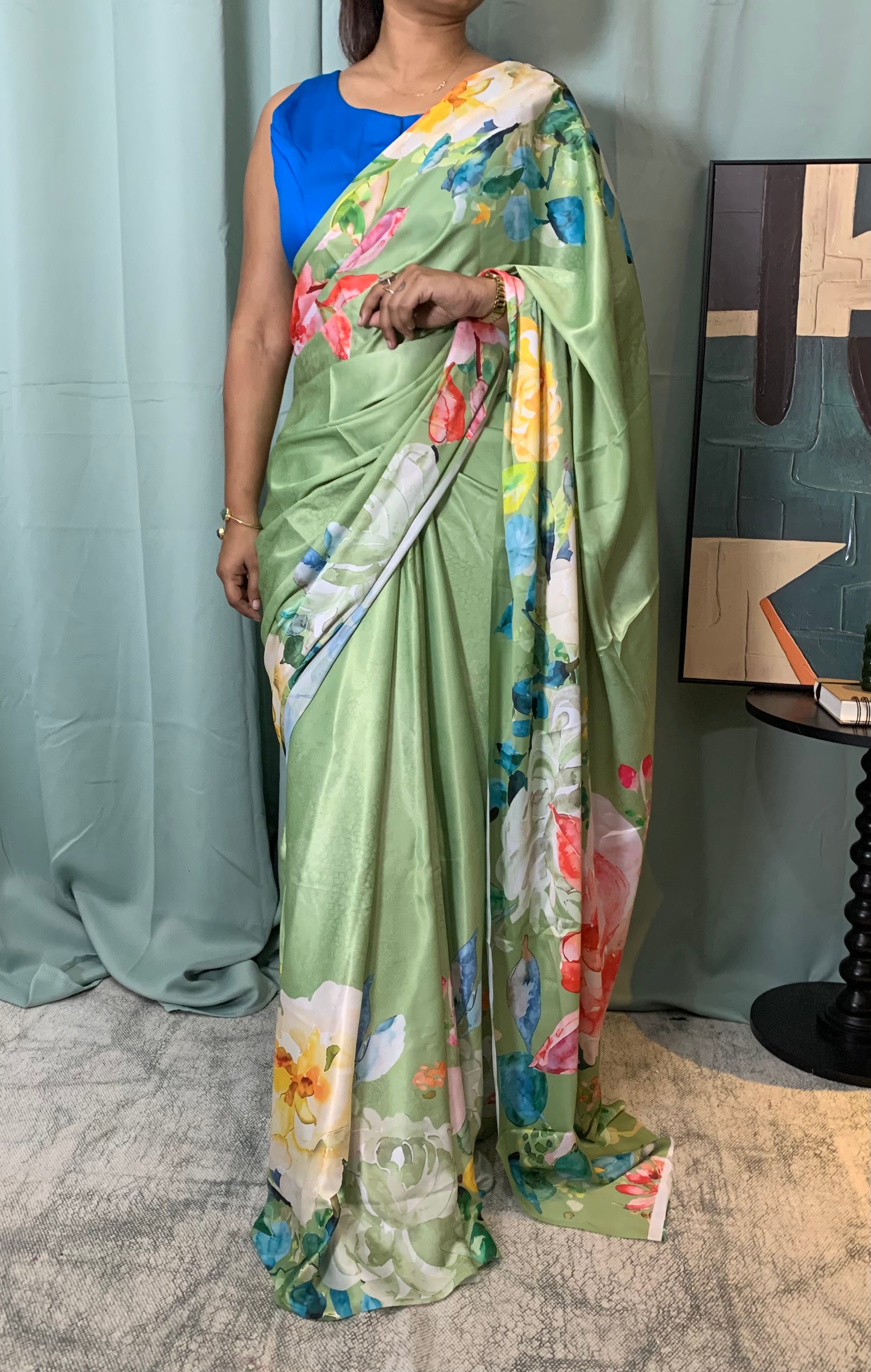 Neshi watercolour floral satin saree