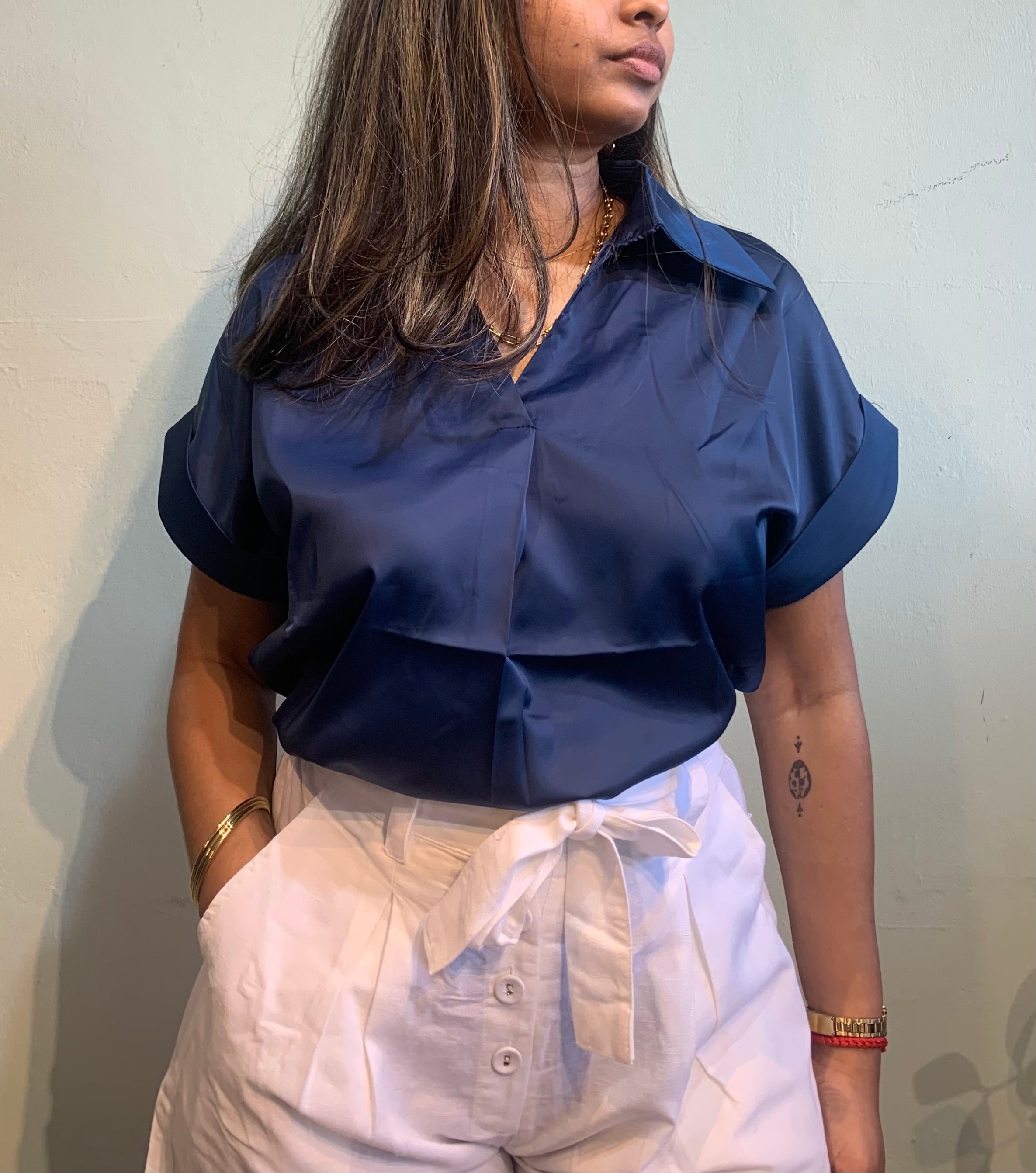 Satin short sleeves blouse