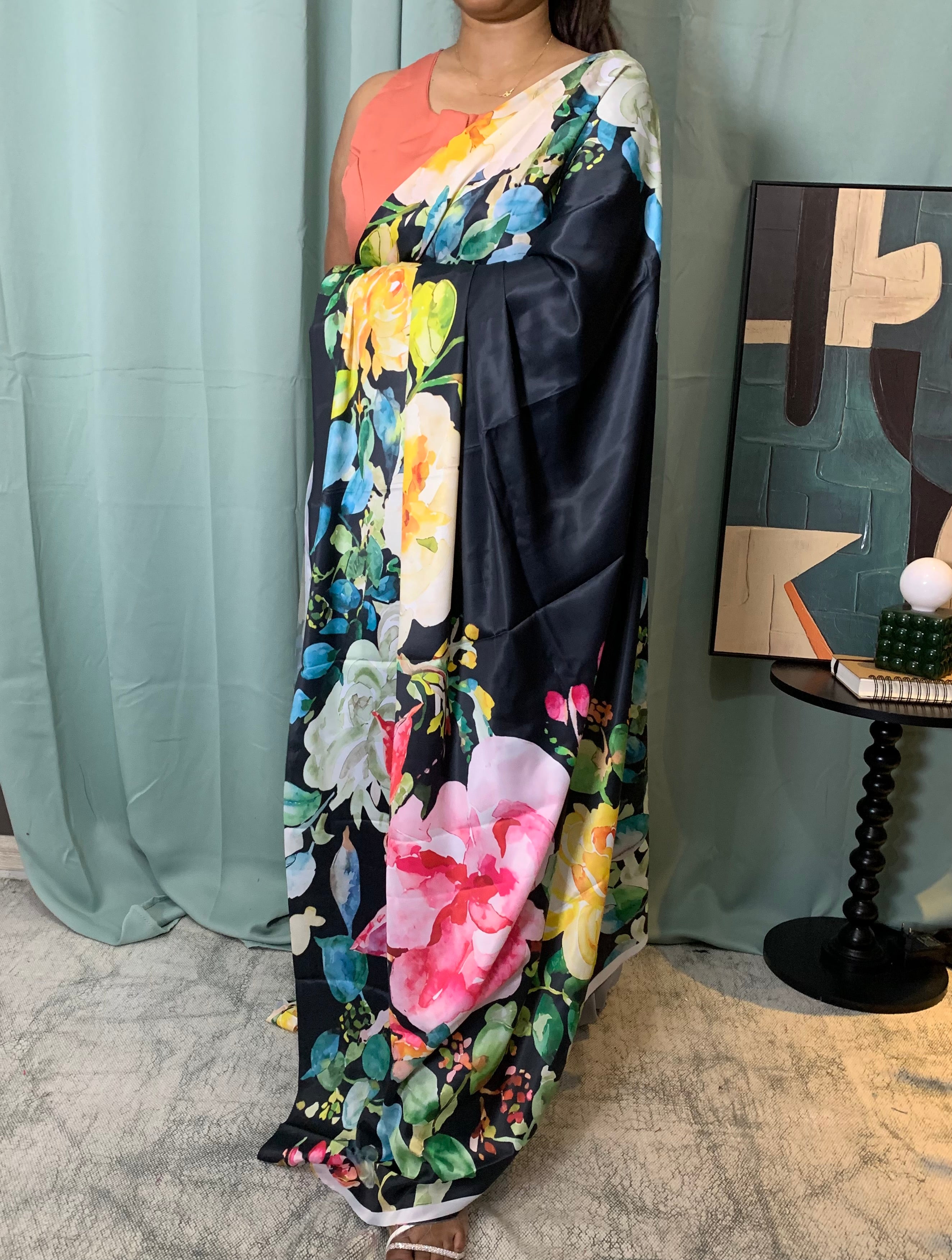 Neshi watercolour floral satin saree
