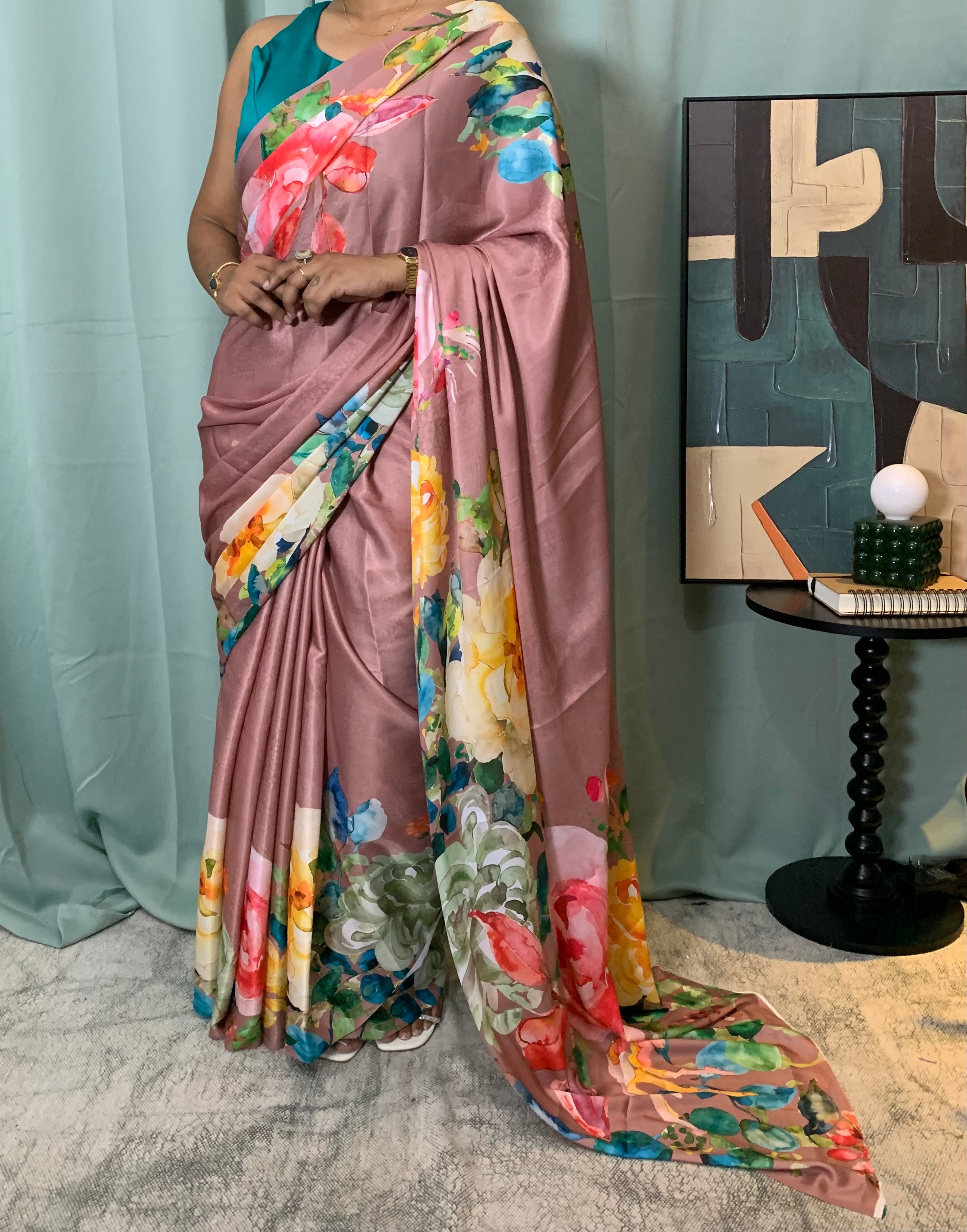 Neshi watercolour floral satin saree