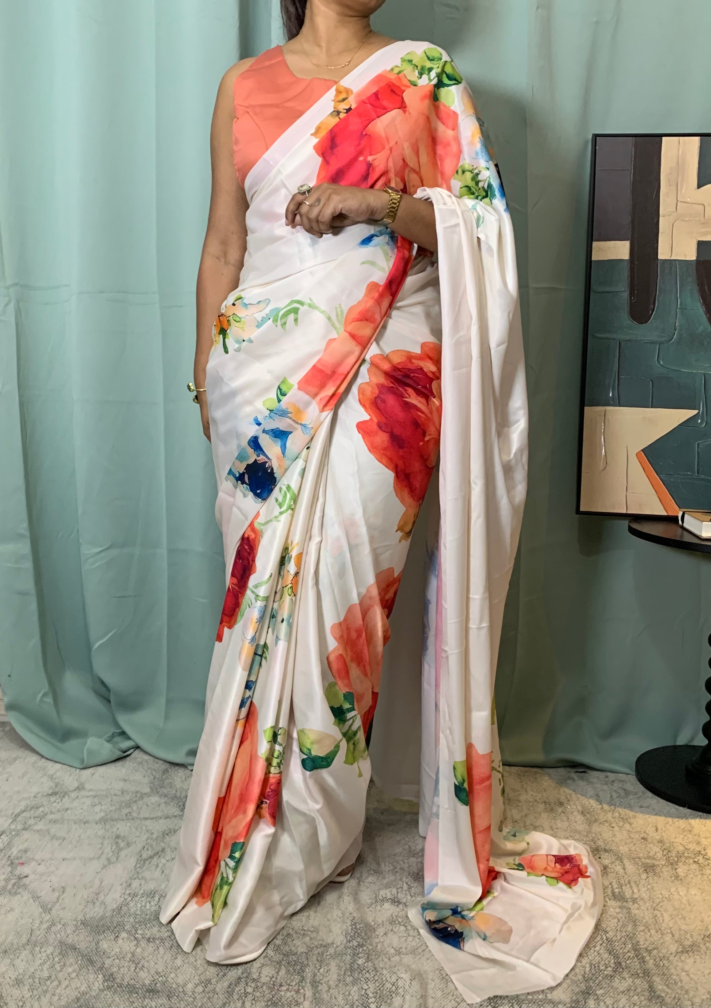 Neshi watercolour floral satin saree