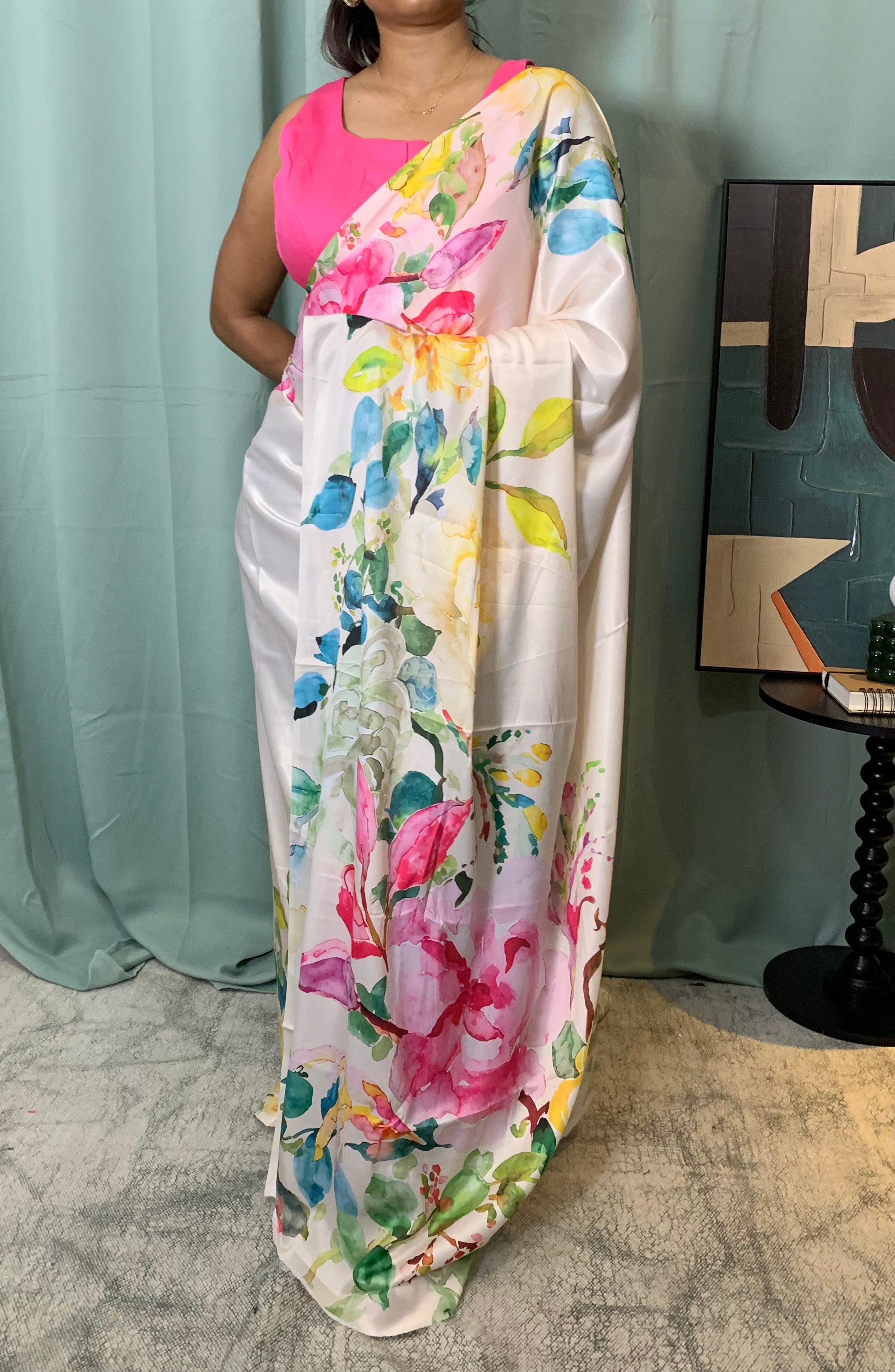 Neshi watercolour floral satin saree